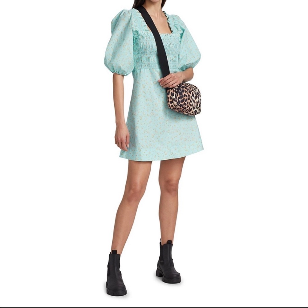 NWT GANNI Smocked Top Regal Puff Sleeve Floral Cotton Mini Dress size 38 / 6